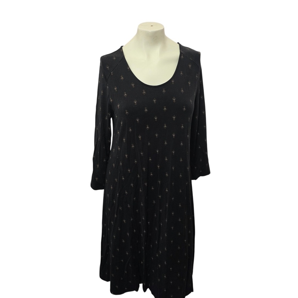 Garnet Hill Dress M Black Floral 3/4 Sleeve Midi A Line Boho Cottagecore Knit